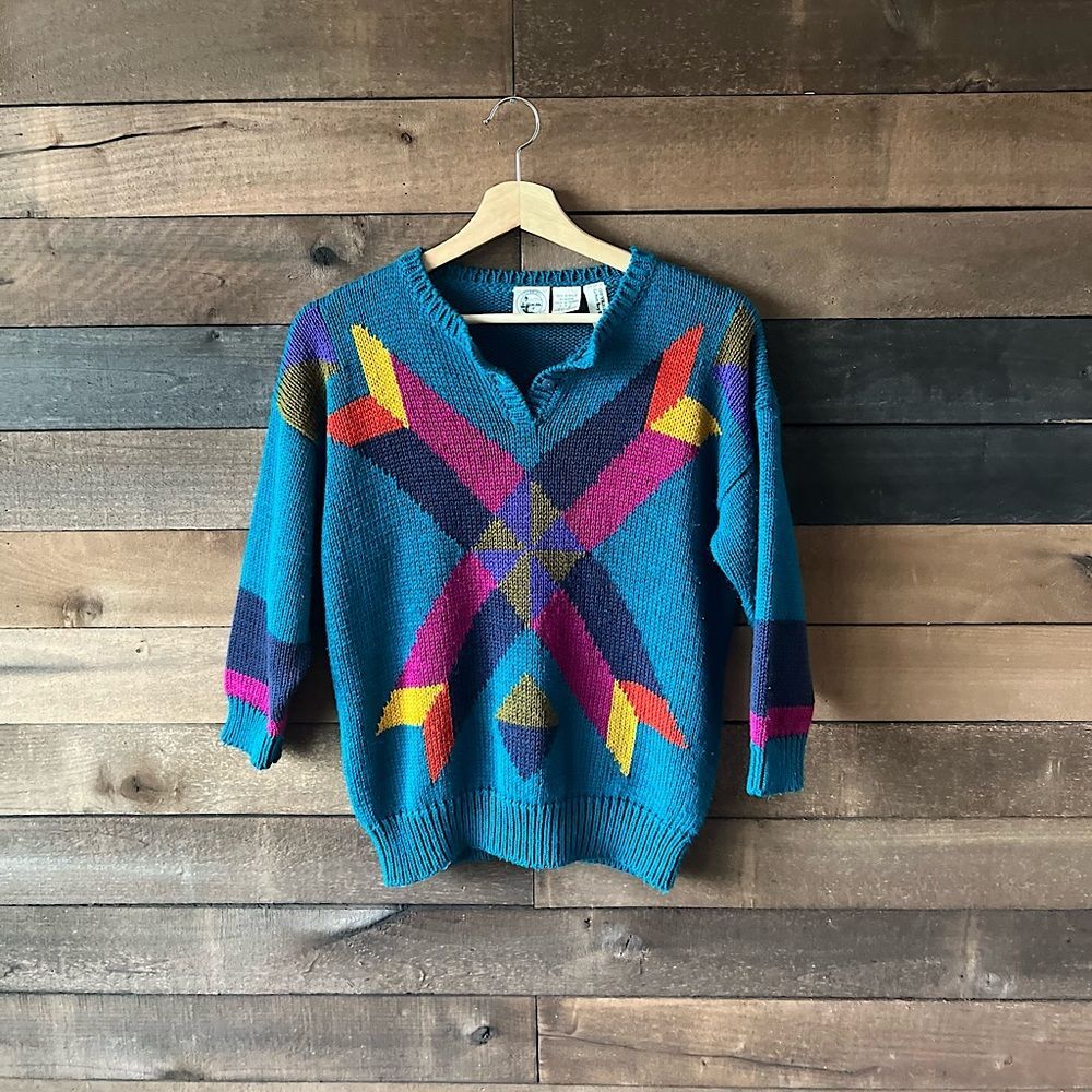 Vintage 80s Geometric Knit Sweater Teal Colorblock Pullover Retro Quilt Pattern